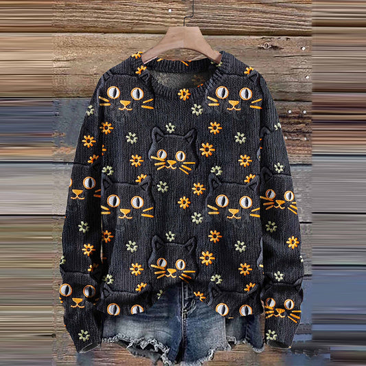 Black Cat Flower Autumn Season Halloween Art Print Knit Pullover Sweater artswardrobe