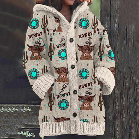 Women's Retro Western Highland Cow Print Hooded Cardigan artswardrobe