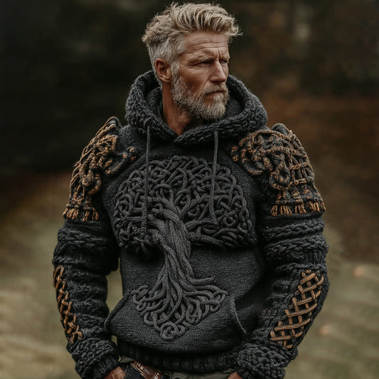 Men's Viking Tree Of Life Art Celtic Knot Jacquard Knitted Hooded Sweater artswardrobe