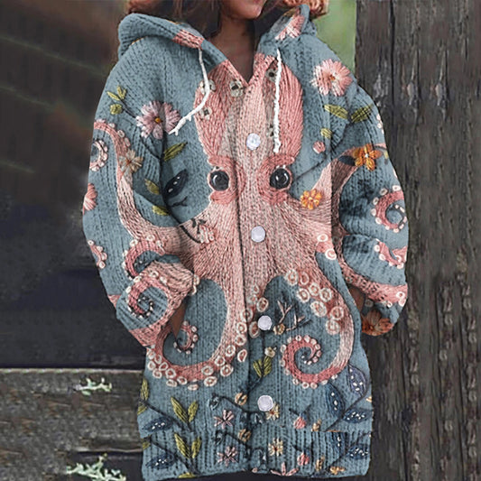 Comstylish Octopus Floral Women'S Hooded Knitted Cardigan Sweater