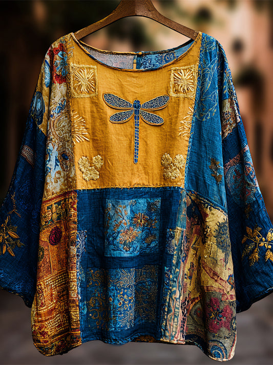 Boho Floral & Dragonfly Patchwork Print Women's Linen Top artswardrobe