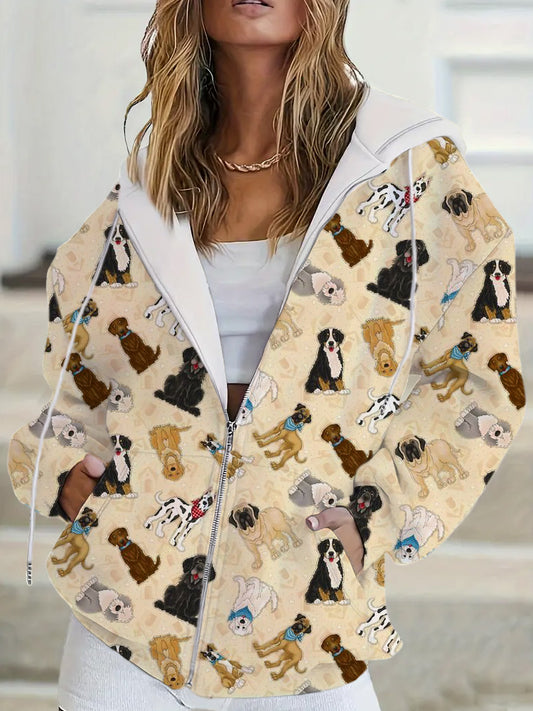 Comstylish Vintage Dogs Print Women's Zipper Hooded Sweatshirt