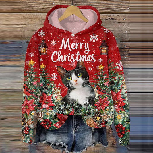 Christmas Flower Cat Print Long Sleeve Hoodie elevenforest