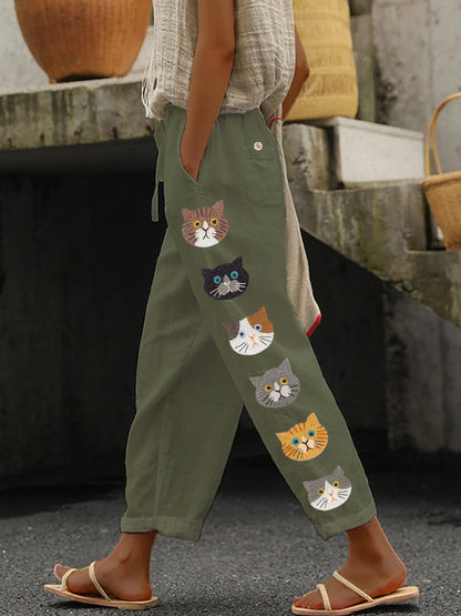 Comstylish Cute Cats Animal Embroidery Pattern Linen Pants