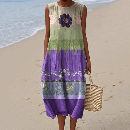 Women's Vintage Floral Art Pattern Print Sleeveless Cotton Wrap Dress artswardrobe