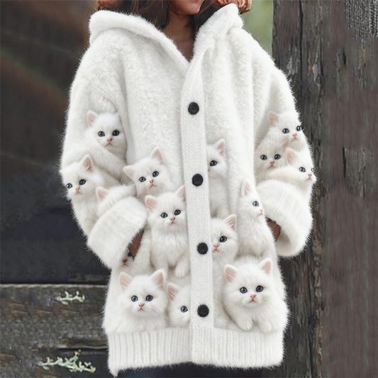 Comstylish Crowded Fuzzy Cats Art Cozy Knit Hooded Cardigan