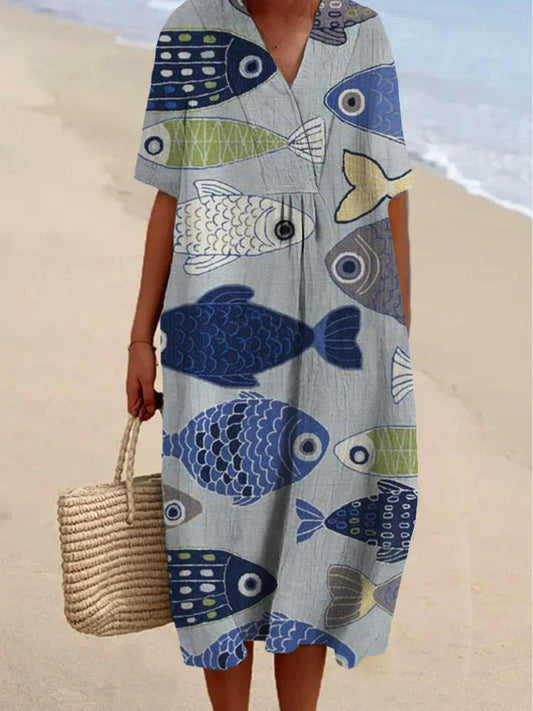 Simple And Stylish Fish Printed Women's Casual Cotton And Linen