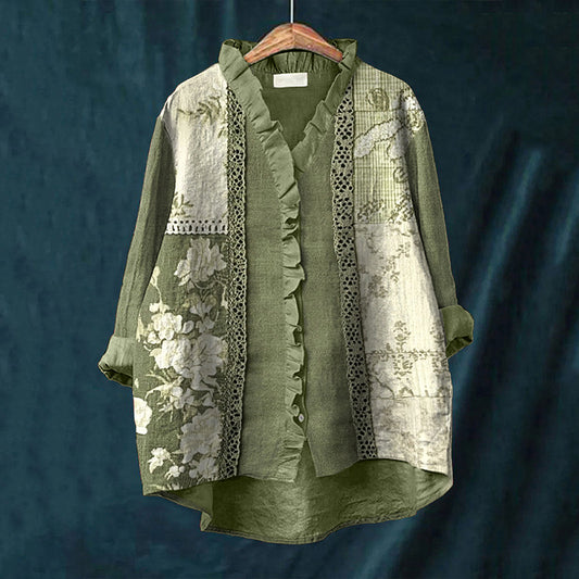 Floral Pattern Lace Patchwork Linen Ruffle Shirt artswardrobe