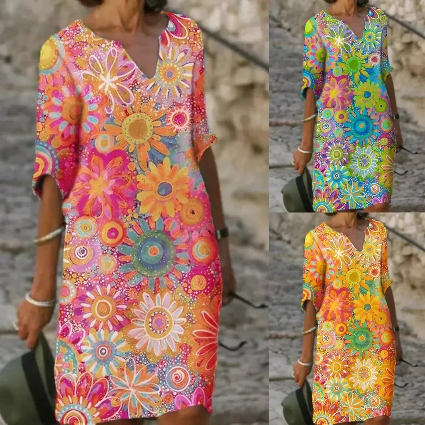 KS | Midi dress with V-neck and floral pattern