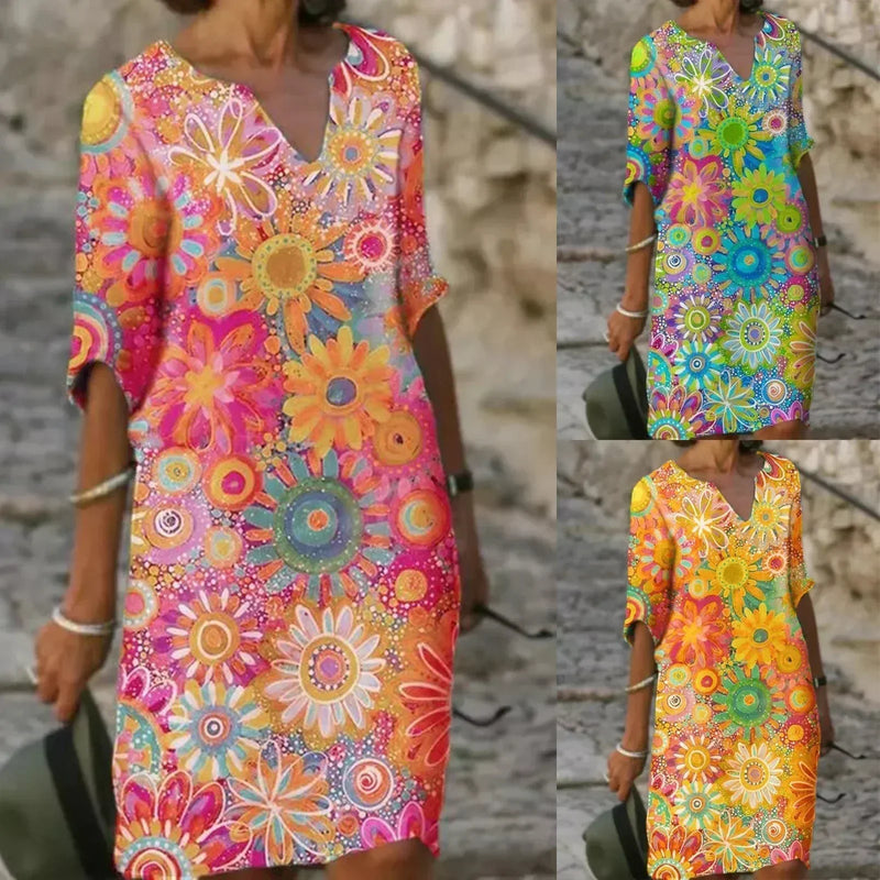 KS | Midi dress with V-neck and floral pattern