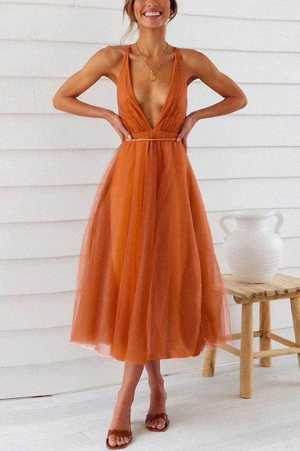 KS | Romantic tulle midi dress with V-neckline