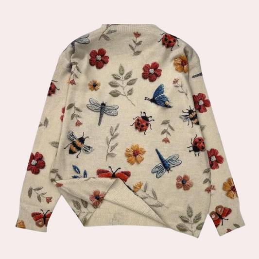 Cotton Sweater with Multi-Colored Knit Insects and Flowers