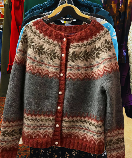 Cotton Cardigan with Red and Cream Fair Isle Stripes
