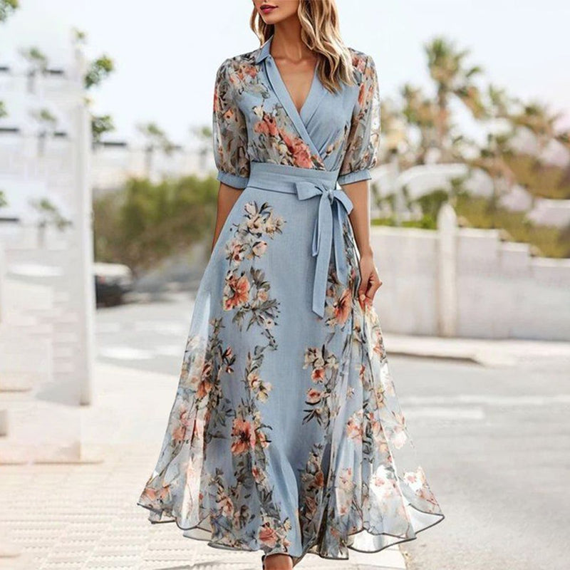 KS | Blue midi dress with short sleeves and a pointed neckline
