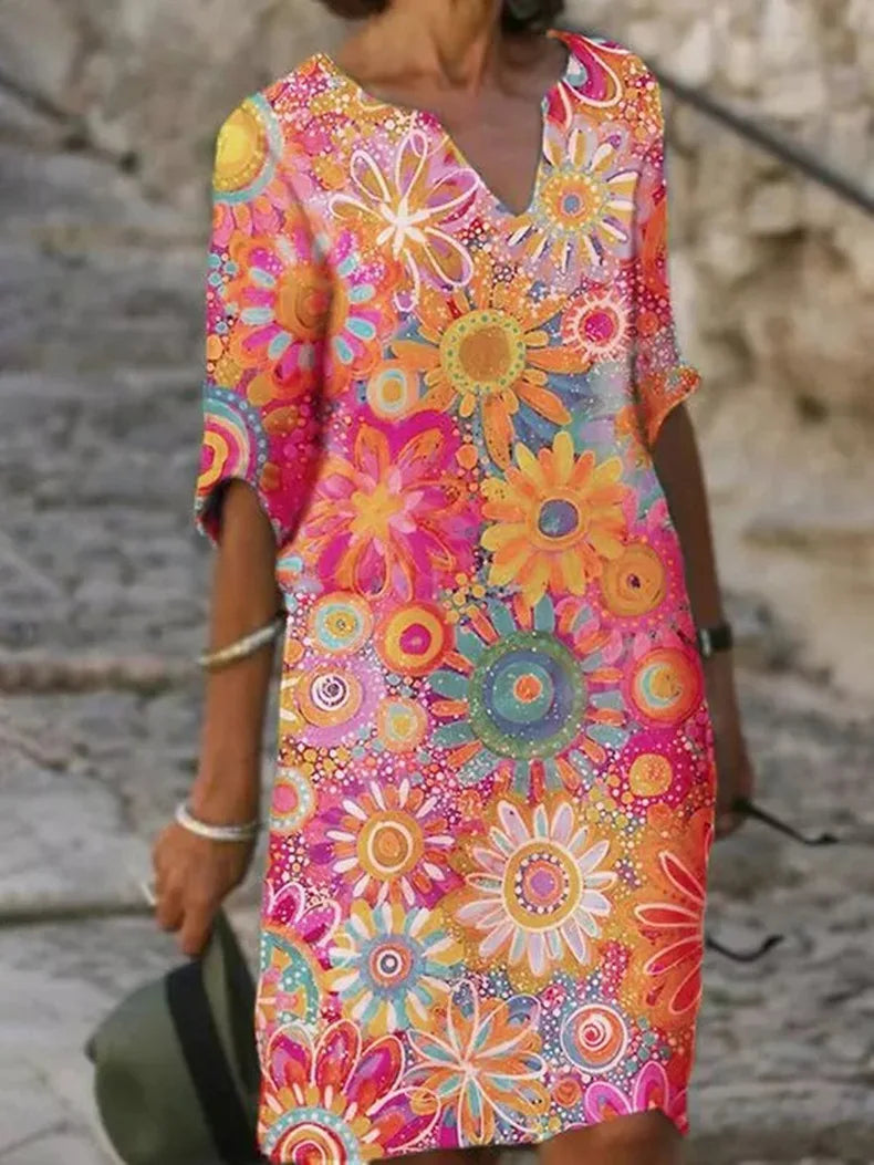 KS | Midi dress with V-neck and floral pattern
