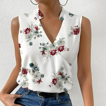 KS | sleeveless top with floral print and V-neckline