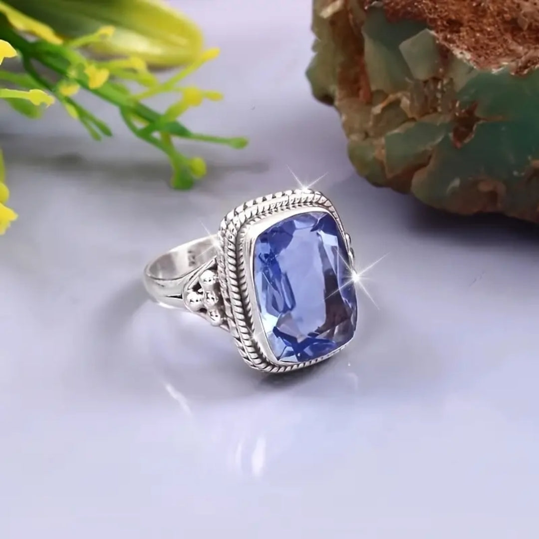 Blue Temper Glass Silver Ring