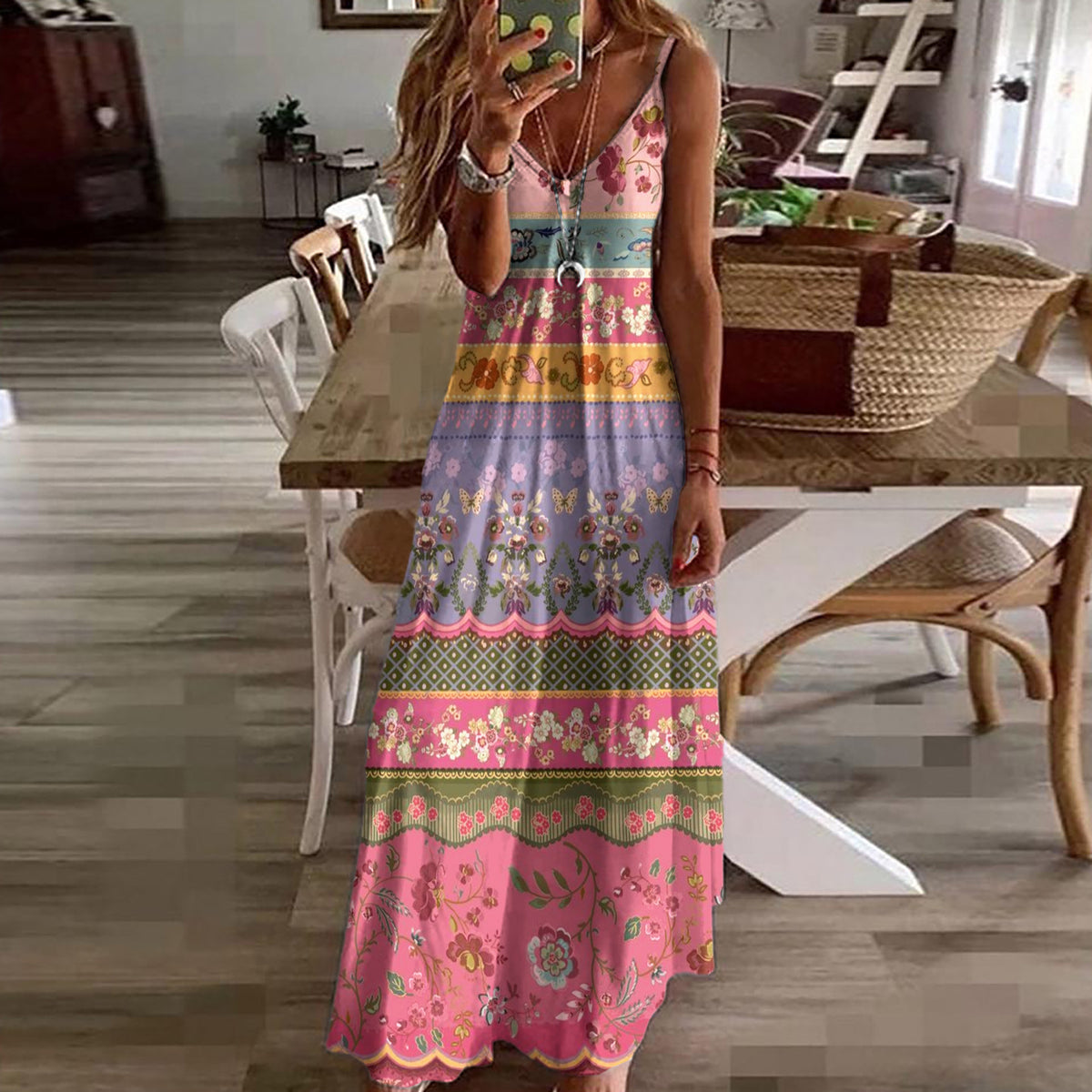 KS | Long cami dress with ethnic print