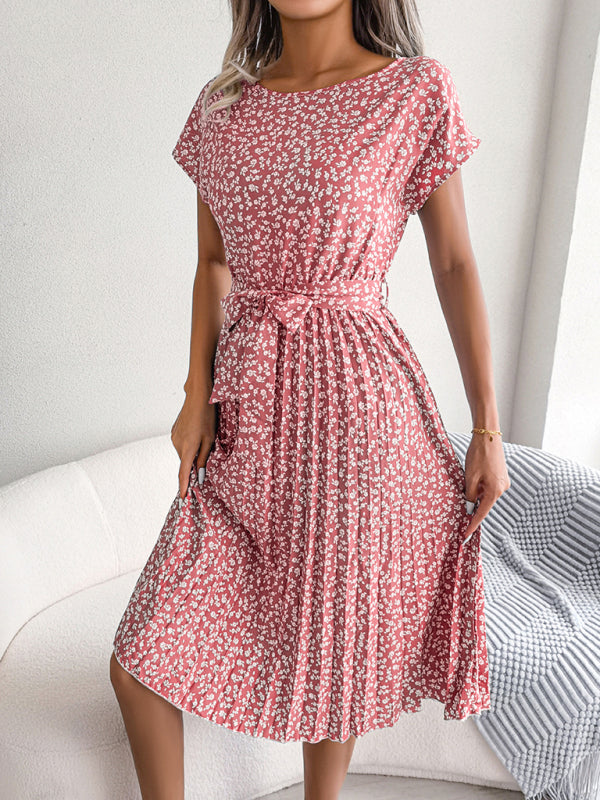 KS | Midi dresses with tie and floral print Round neckline Trapeze shape