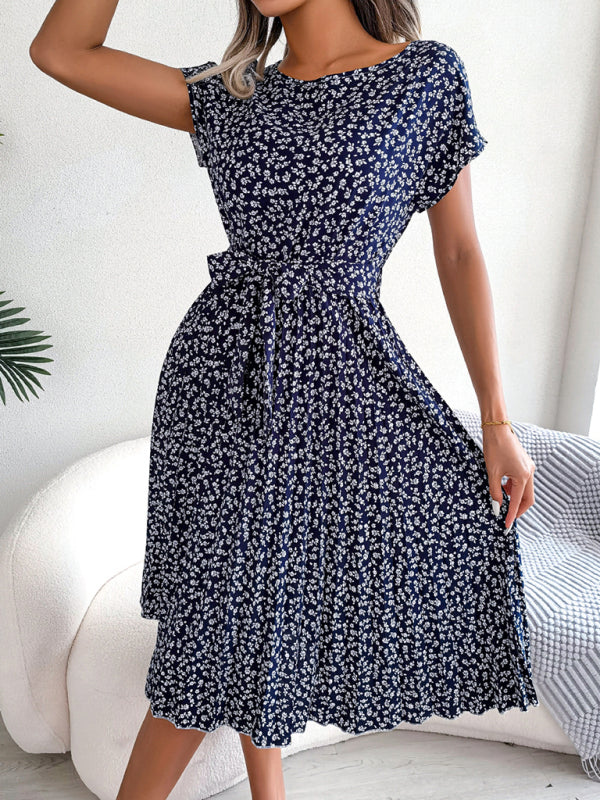 KS | Midi dresses with tie and floral print Round neckline Trapeze shape