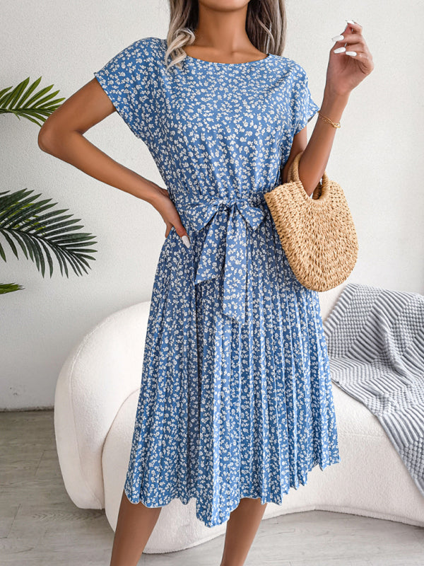 KS | Midi dresses with tie and floral print Round neckline Trapeze shape