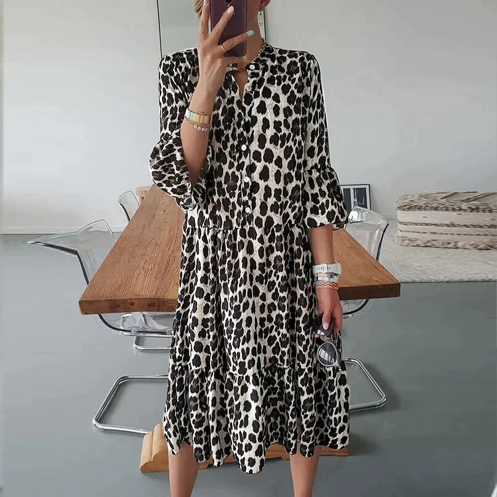 KS | Midi dress with leopard print, button placket and 3/4 sleeves