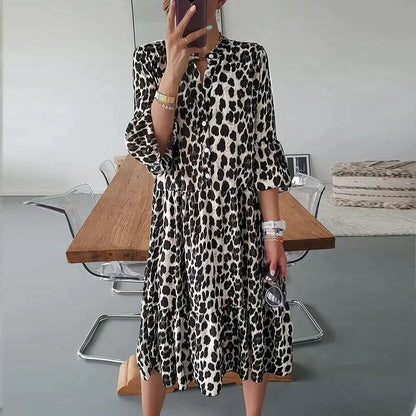 KS | Midi dress with leopard print, button placket and 3/4 sleeves