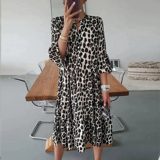 KS | Midi dress with leopard print, button placket and 3/4 sleeves