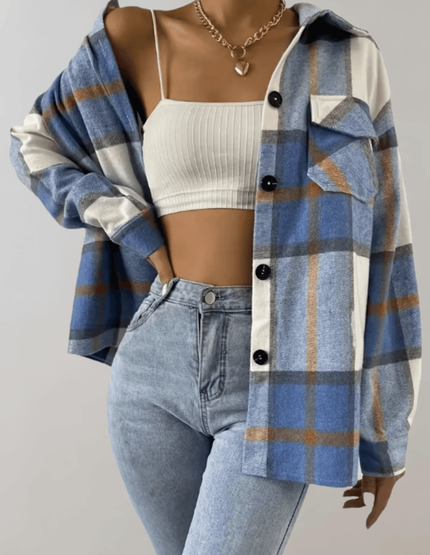 JO | Stylish blue plaid oversized ladies coat