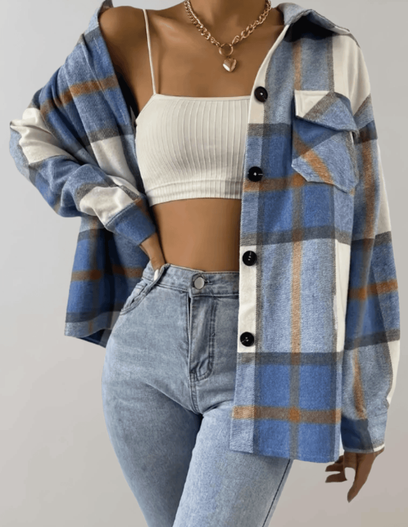 JO | Stylish blue plaid oversized ladies coat