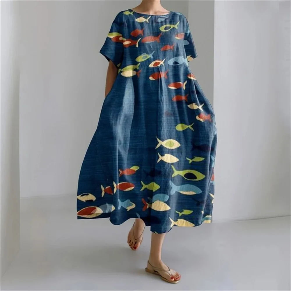 KS | Plus-Size Loose Fit Summer Dress with Pocket & O-Neck Elegant Summer Maxi Dress