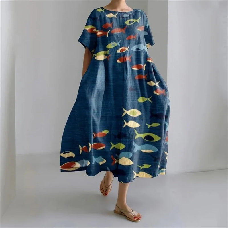 KS | Plus-Size Loose Fit Summer Dress with Pocket & O-Neck Elegant Summer Maxi Dress