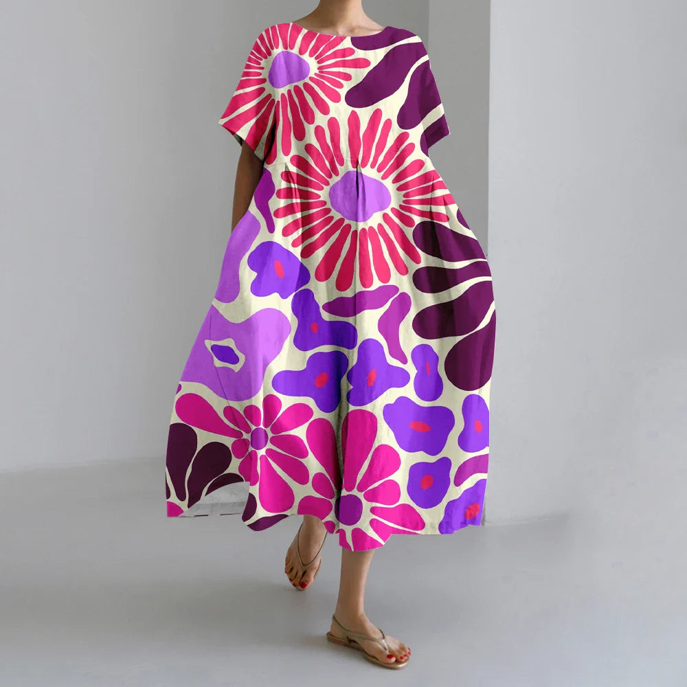 KS | New Summer Women's Dresses Exquisite Elegant Round Neck Short Sleeves Long Pink Dotted Irregular Printed Comfortable Midi Dresses