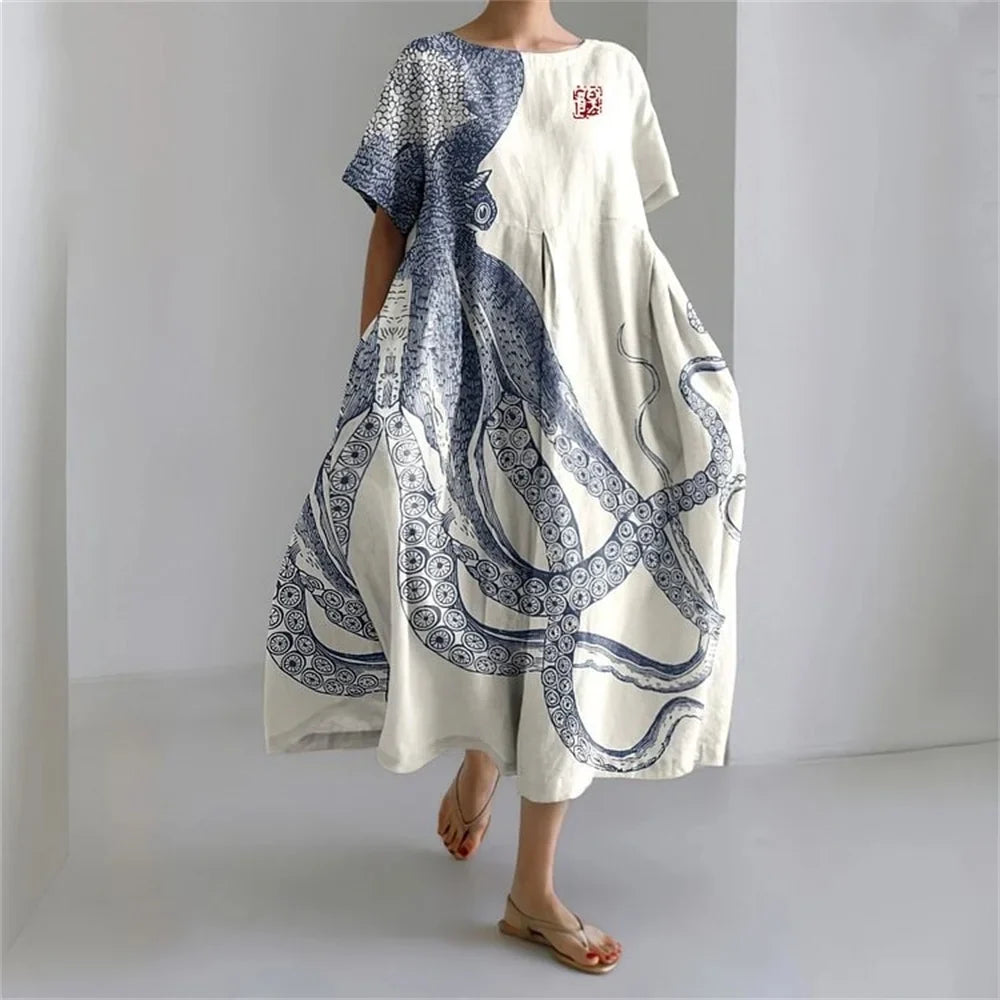 KS | Plus-Size Loose Fit Summer Dress with Pocket & O-Neck Elegant Summer Maxi Dress