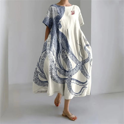 KS | Plus-Size Loose Fit Summer Dress with Pocket & O-Neck Elegant Summer Maxi Dress