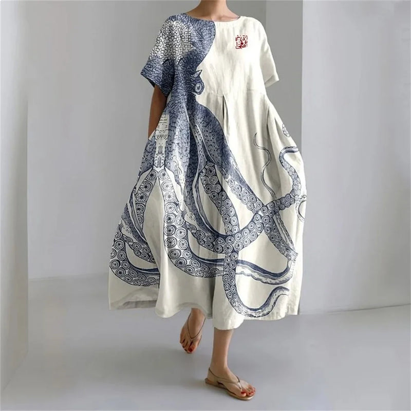 KS | Plus-Size Loose Fit Summer Dress with Pocket & O-Neck Elegant Summer Maxi Dress