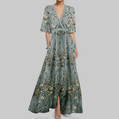 KS | Spring Summer Women Fashion V Neck Belted Party Long Dress Sexy Print Boho Maxi Dresses Short Sleeve Bag Femlae Vacation