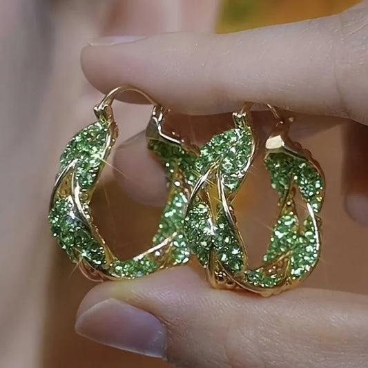 Elegant Twisted Green Zirconia Hoop Earrings