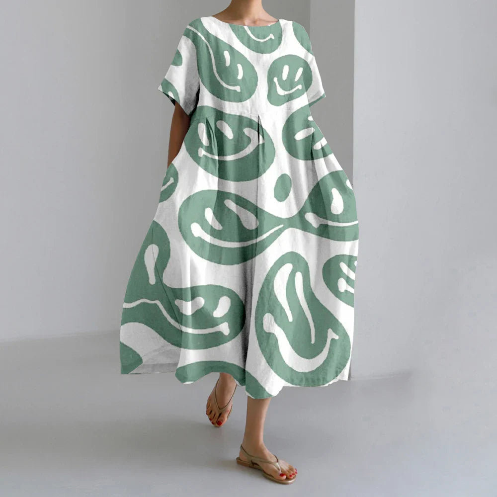 KS | New Summer Women's Dresses Exquisite Elegant Round Neck Short Sleeves Long Pink Dotted Irregular Printed Comfortable Midi Dresses