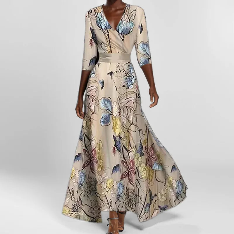 KS | Spring Summer Women Fashion V Neck Belted Party Long Dress Sexy Print Boho Maxi Dresses Short Sleeve Bag Femlae Vacation