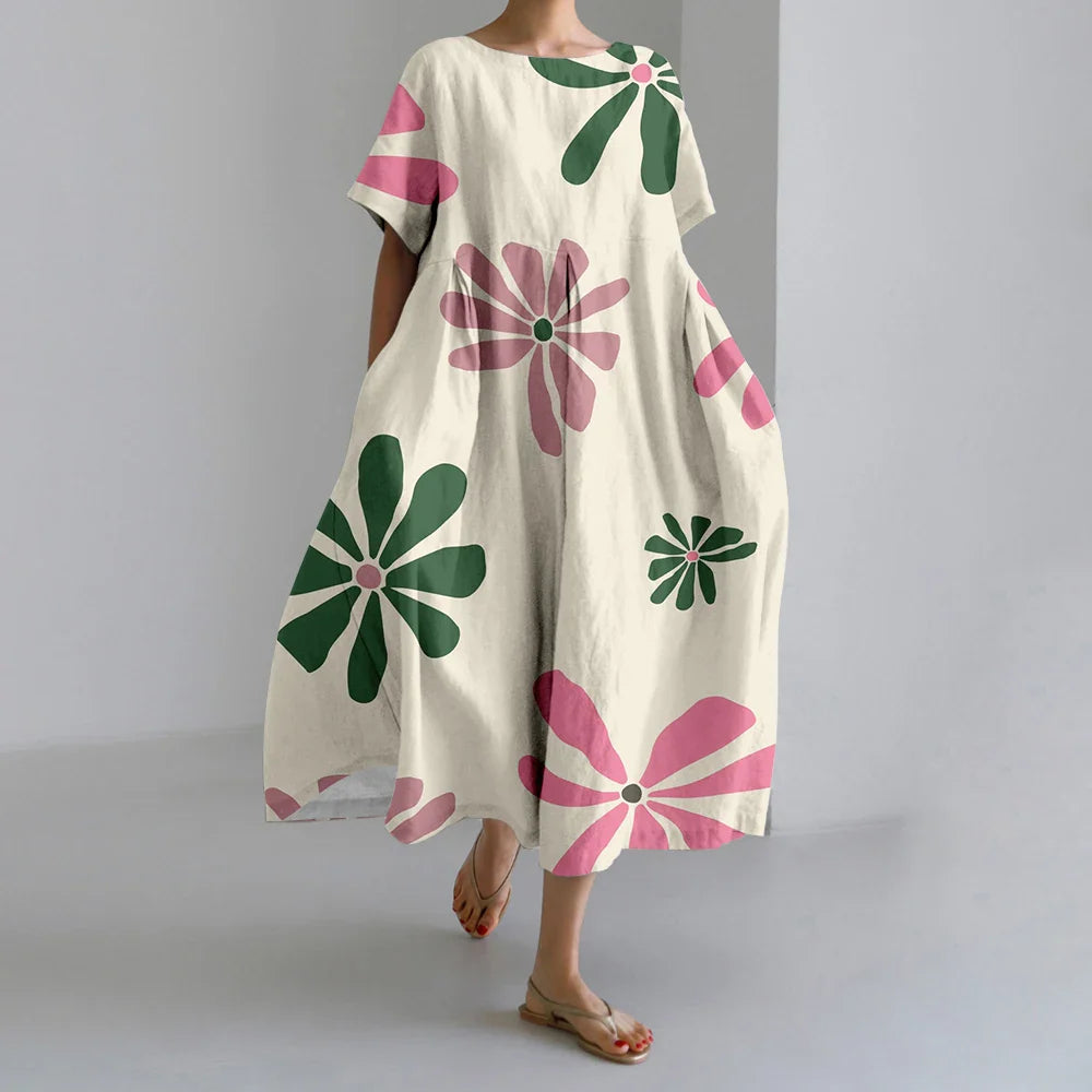 KS | New Summer Women's Dresses Exquisite Elegant Round Neck Short Sleeves Long Pink Dotted Irregular Printed Comfortable Midi Dresses