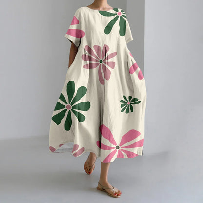 KS | New Summer Women's Dresses Exquisite Elegant Round Neck Short Sleeves Long Pink Dotted Irregular Printed Comfortable Midi Dresses