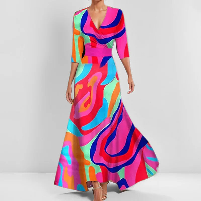 KS | Spring Summer Women Fashion V Neck Belted Party Long Dress Sexy Print Boho Maxi Dresses Short Sleeve Bag Femlae Vacation