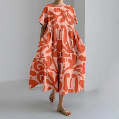 KS | New Summer Women's Dresses Exquisite Elegant Round Neck Short Sleeves Long Pink Dotted Irregular Printed Comfortable Midi Dresses