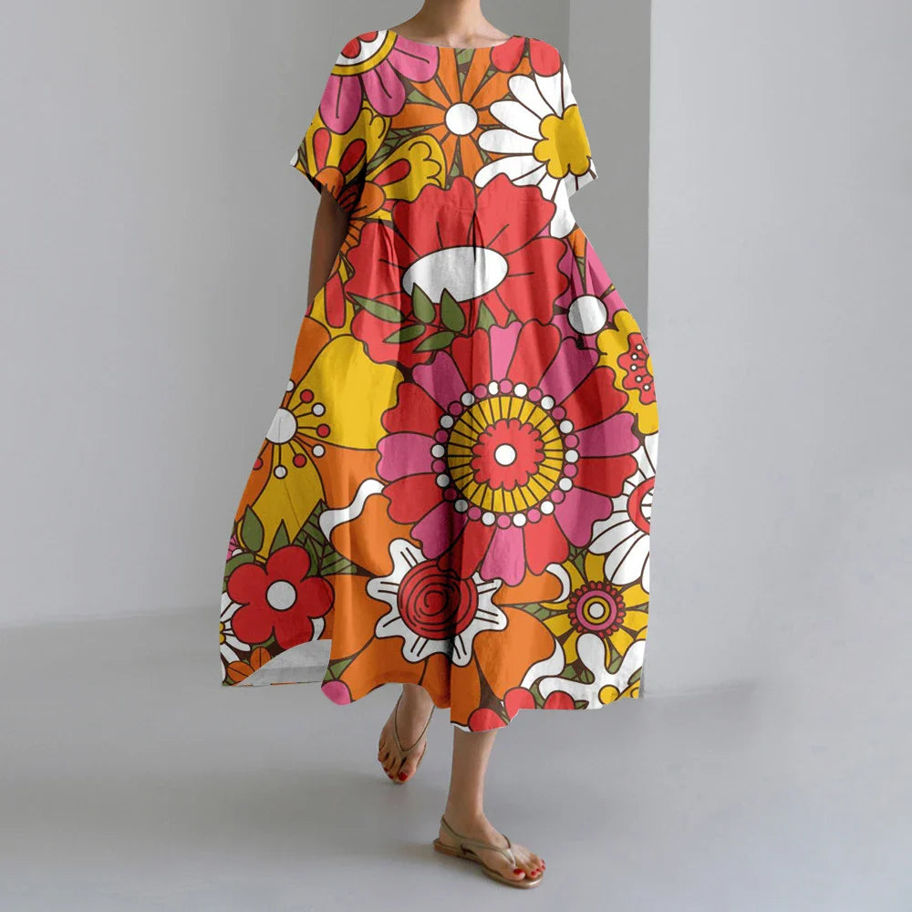 KS | New Summer Women's Dresses Exquisite Elegant Round Neck Short Sleeves Long Pink Dotted Irregular Printed Comfortable Midi Dresses