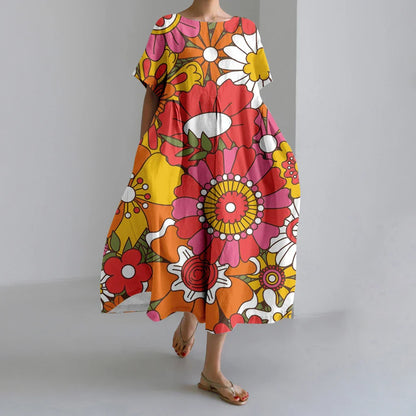 KS | New Summer Women's Dresses Exquisite Elegant Round Neck Short Sleeves Long Pink Dotted Irregular Printed Comfortable Midi Dresses