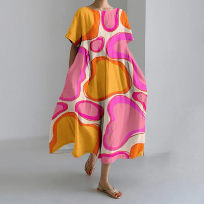 KS | New Summer Women's Dresses Exquisite Elegant Round Neck Short Sleeves Long Pink Dotted Irregular Printed Comfortable Midi Dresses