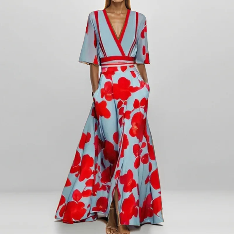 KS | Spring Summer Women Fashion V Neck Belted Party Long Dress Sexy Print Boho Maxi Dresses Short Sleeve Bag Femlae Vacation
