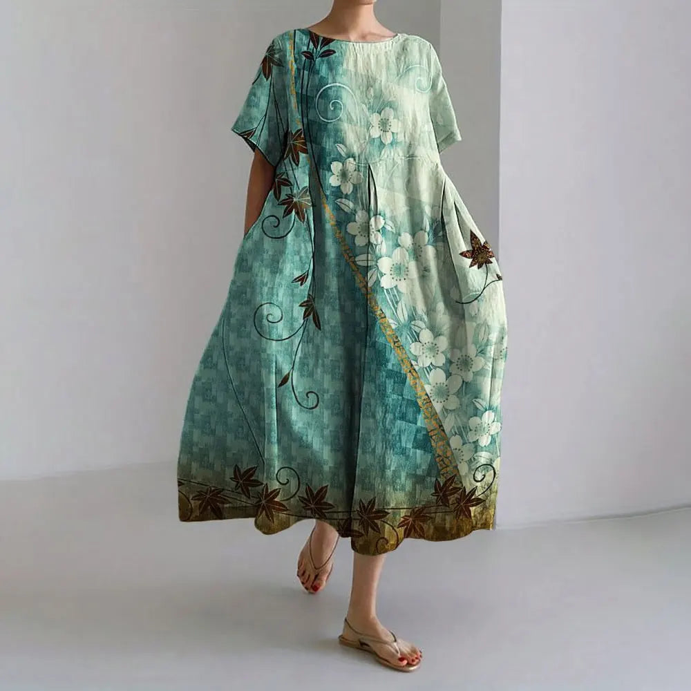 KS | Plus-Size Loose Fit Summer Dress with Pocket & O-Neck Elegant Summer Maxi Dress