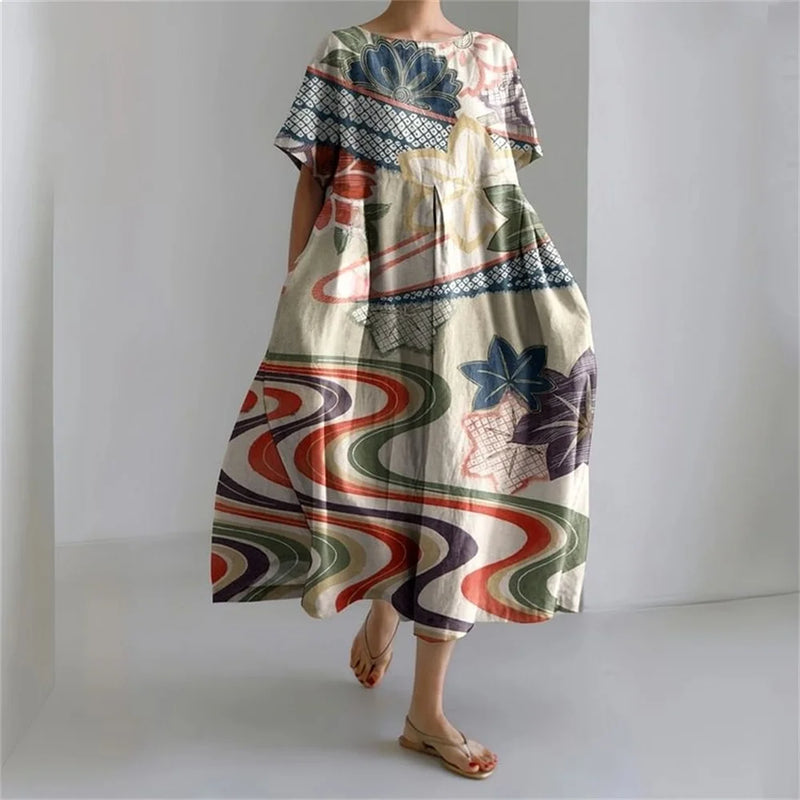 KS | Plus-Size Loose Fit Summer Dress with Pocket & O-Neck Elegant Summer Maxi Dress